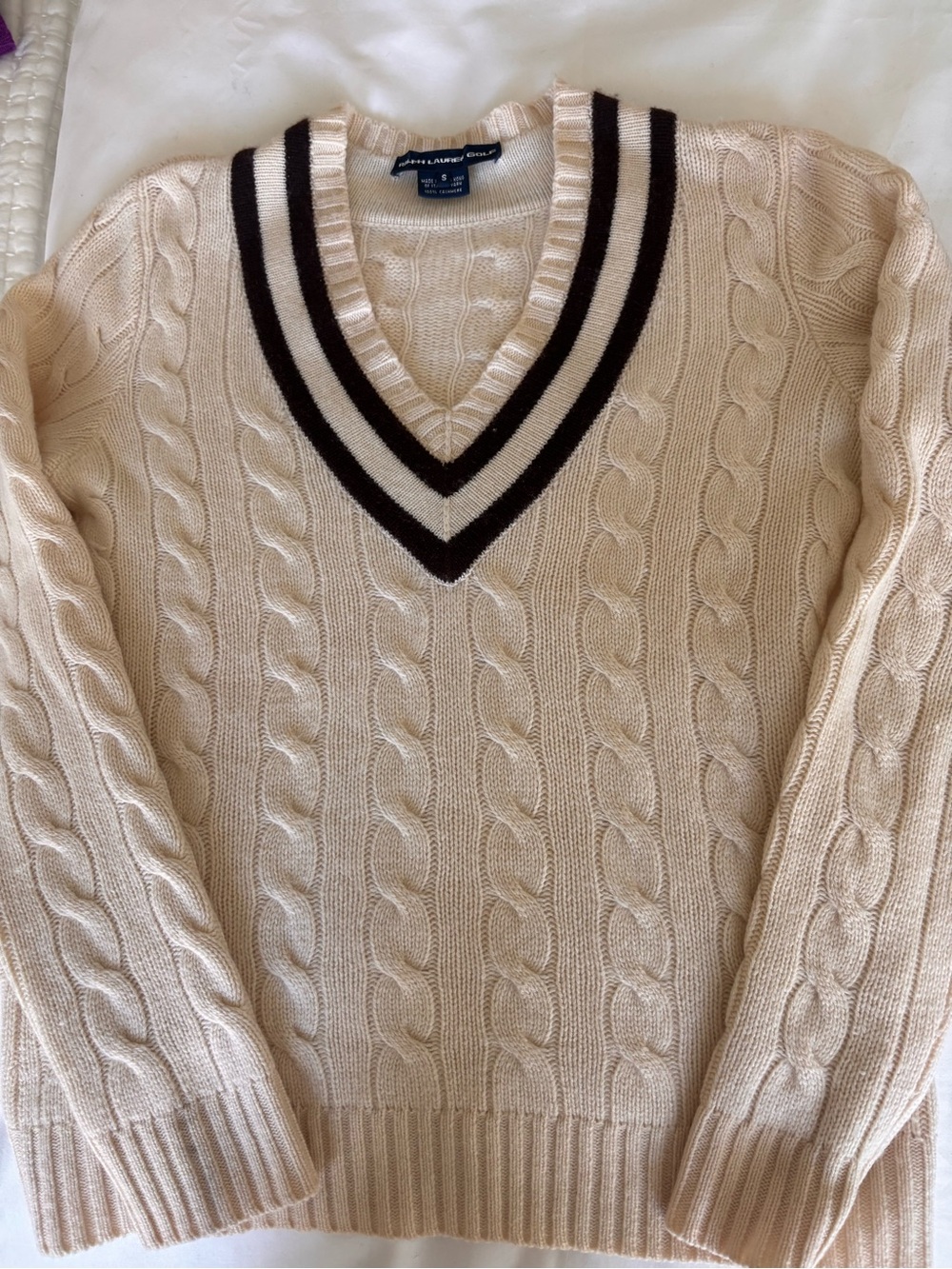 Ralph Lauren CASHMERE Cream Cable-Knit V-Neck Sweater with Dark Trim - PREPPY